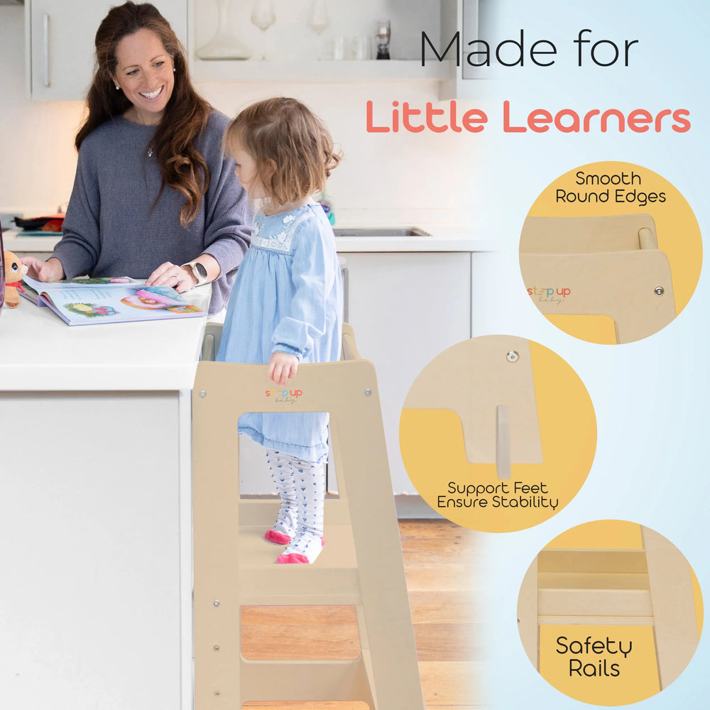 image showing a child in toddler tower reading highlighting its safety features