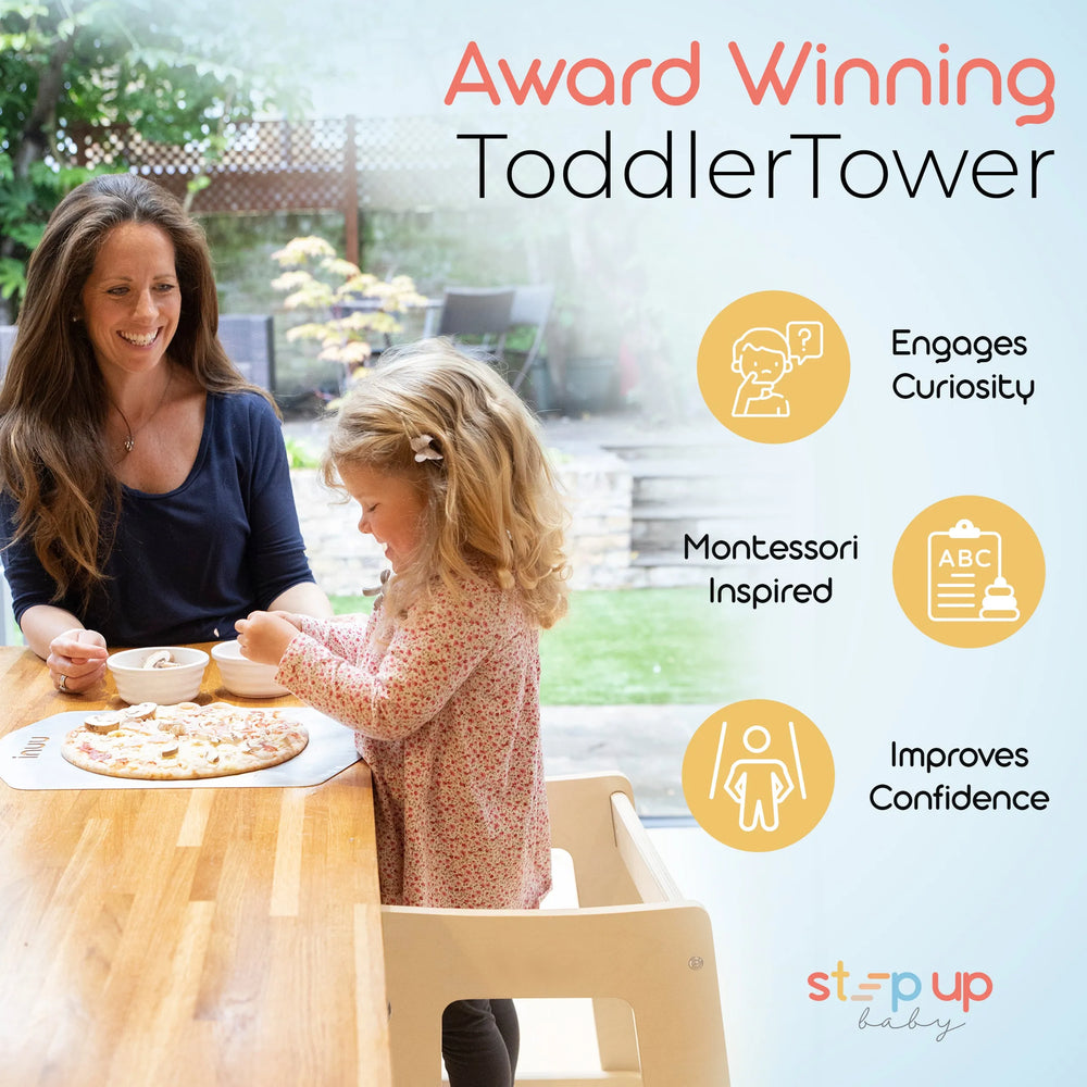 image showing a child in natural wood toddler tower cooking highlighting its key features
